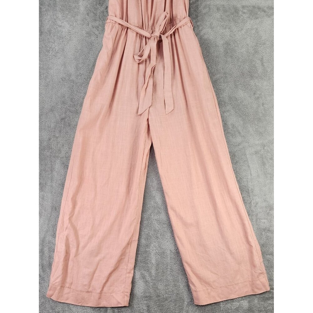 New In Jumpsuit Womens Medium Pink Linen Blend Sleeveless Tie Waist Wide Leg - Picture 9 of 12